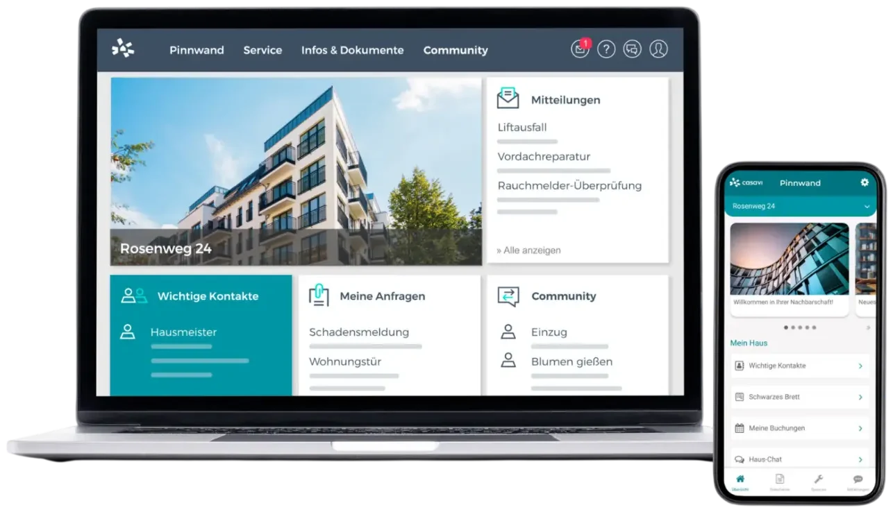 Kundenportal der Hausverwaltung am Notebook und am Smartphone mit Mitteilungen, Kontakten und Anfragen